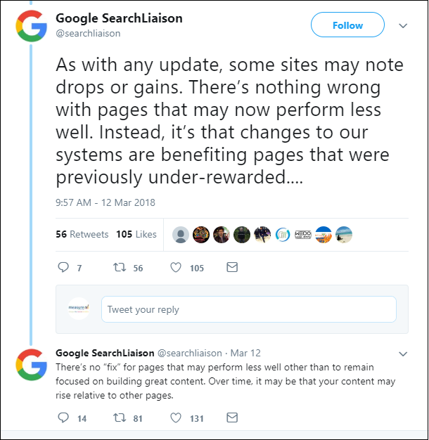 Google SearchLiaison tweet on March 2018 Google algorithm update impact on website rankings.
