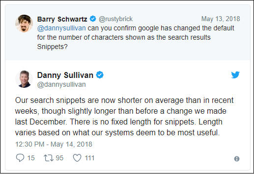 Danny Sullivan confirms Google search snippet length update in 2018 tweets.