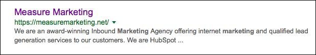 Google search result snippet for Measure Marketing inbound marketing agency.