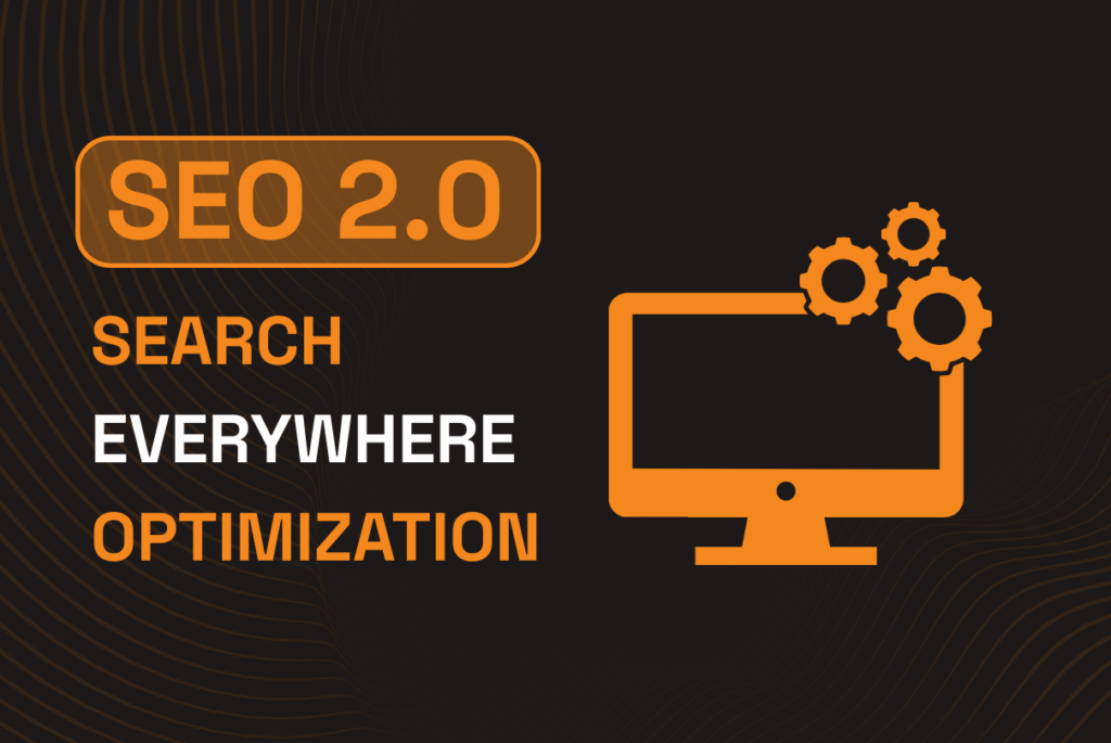 Graphic with the text 'SEO 2.0 Search Everywhere Optimization' in orange and white, alongside an orange computer monitor icon with three gear icons above it, on a black background.